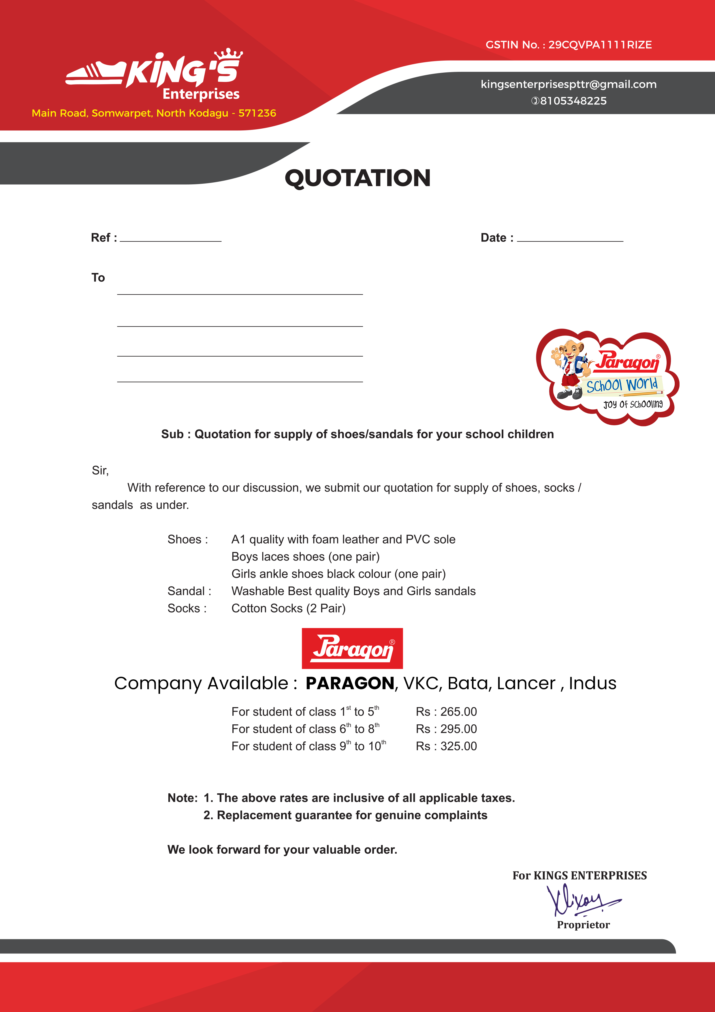 Quotation Letterhead Done For Kings Enterprises (Paragon